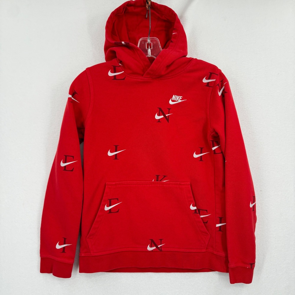 Nike Hoodie Kids Large Red Swoosh All Over Print Pullover DX5699-657 Cotton Poly